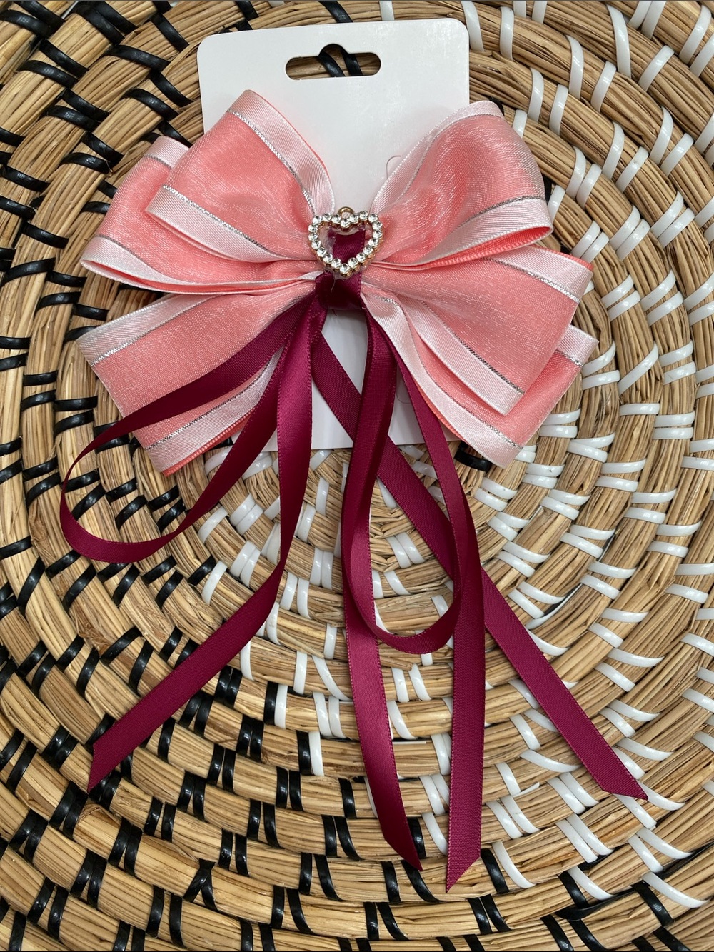 Coral Satin Bow Hair Clip with Burgundy Streamers